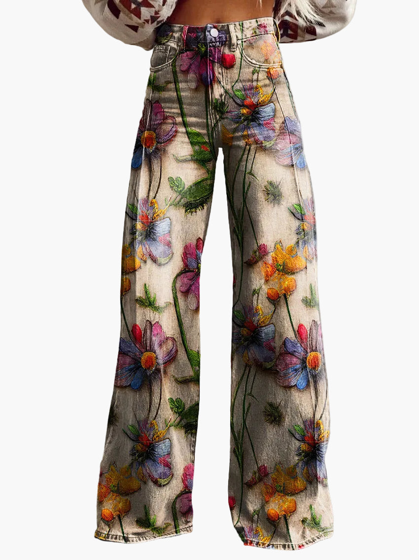 Jeans larghi da donna stile bohémien con stampa floreale, taglio ampio, ideale per un aspetto informale e alla moda