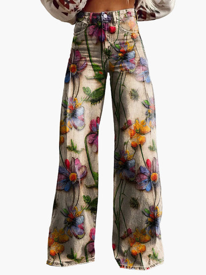 Jeans larghi da donna stile bohémien con stampa floreale, taglio ampio, ideale per un aspetto informale e alla moda