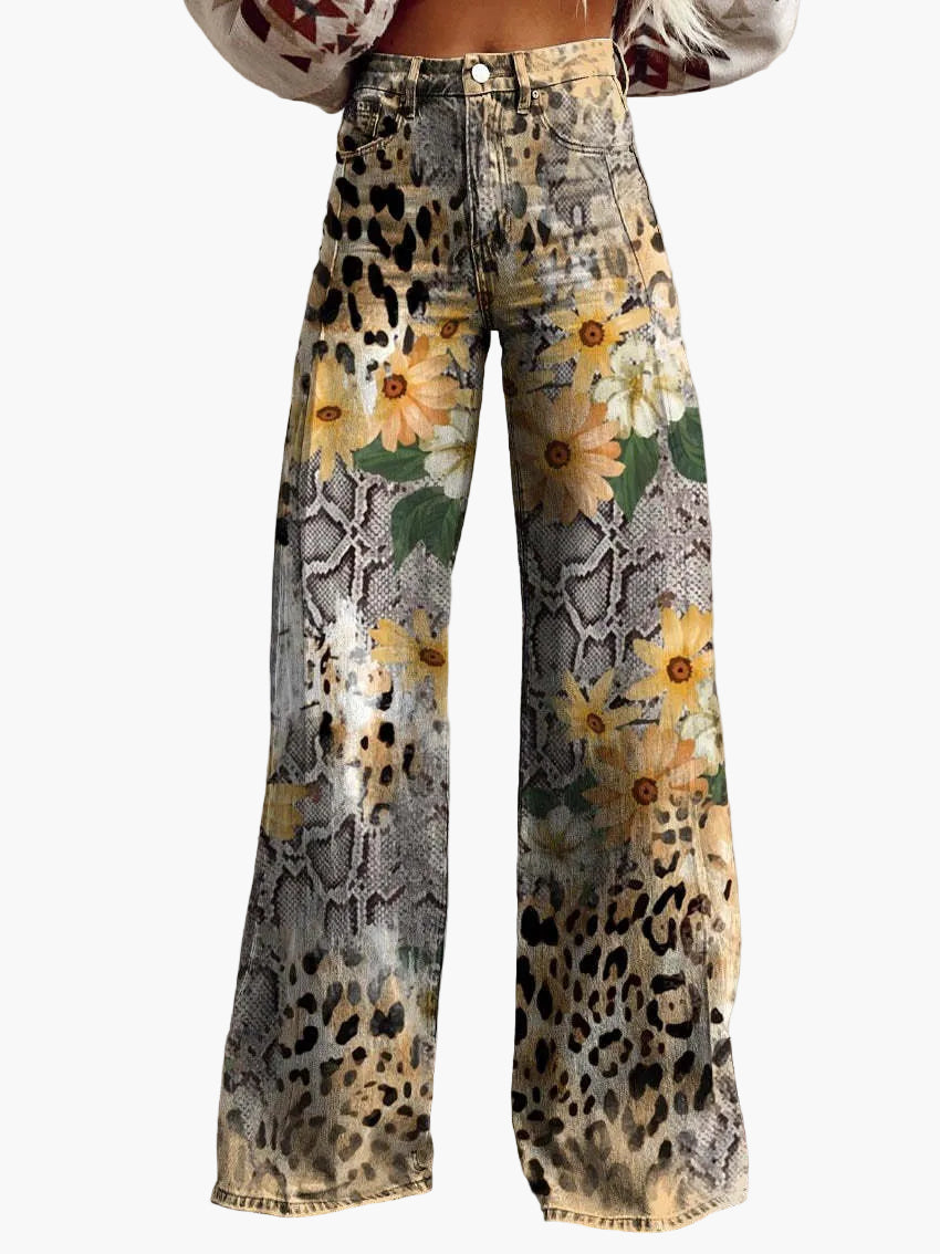 Jeans larghi da donna stile bohémien con stampa floreale, taglio ampio, ideale per un aspetto informale e alla moda