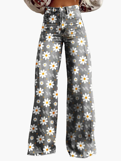 Jeans larghi da donna stile bohémien con stampa floreale, taglio ampio, ideale per un aspetto informale e alla moda