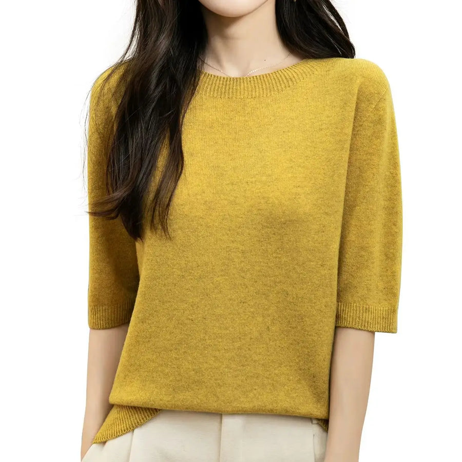 Pull Femme à Manches Courtes Tricot Fin Col Rond Couleur Unie