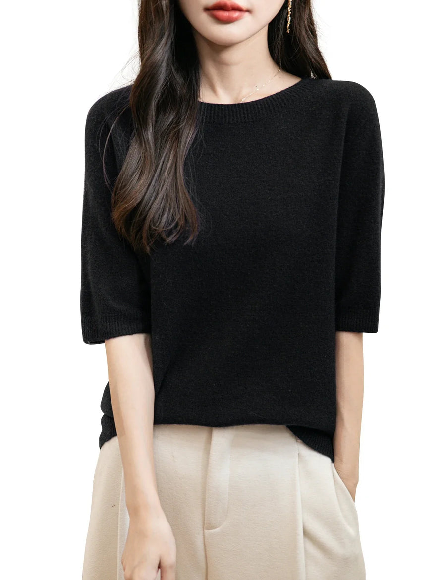 Pull Femme à Manches Courtes Tricot Fin Col Rond Couleur Unie