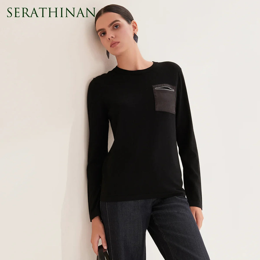 Women's long-sleeve crew-neck top with contrasting chest pocket