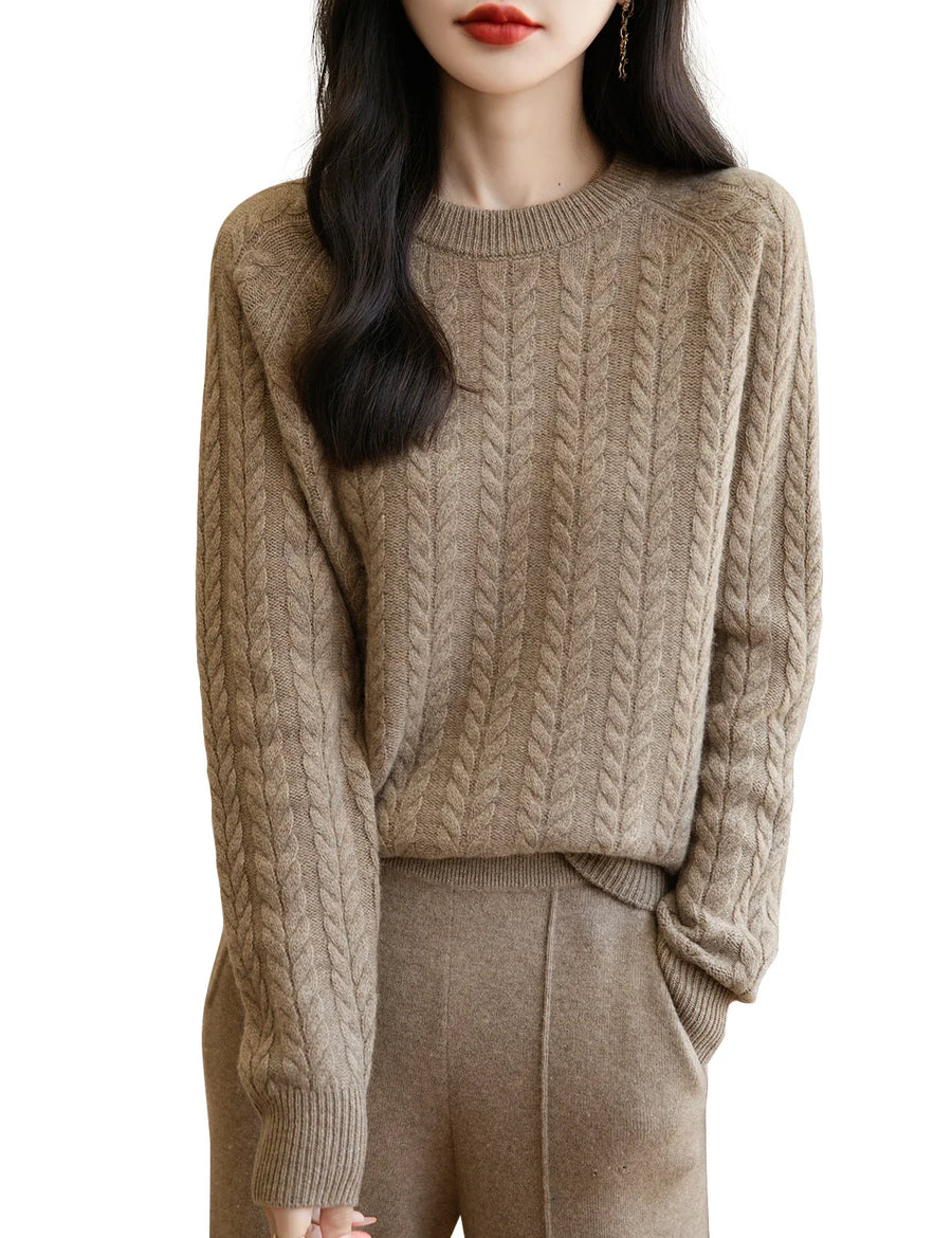 Women's soft cable-knit crew-neck sweater with long sleeves