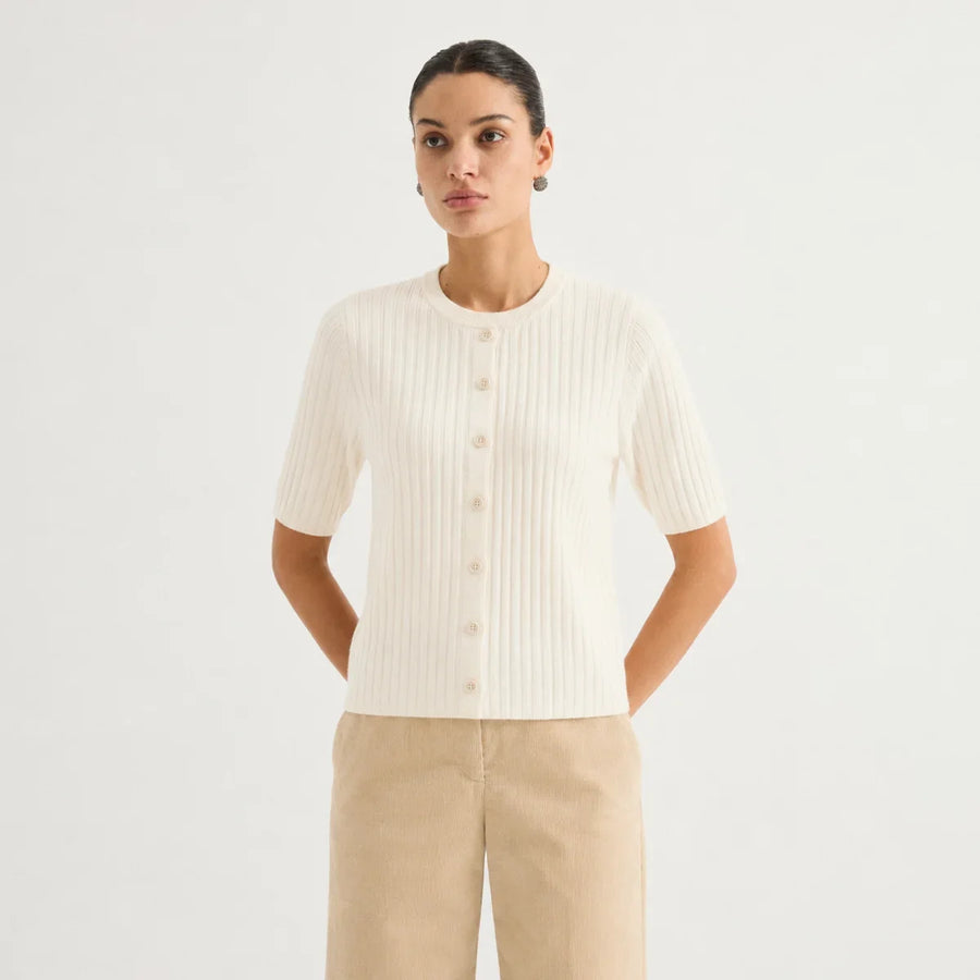 Cardigan côtelé Femme Manches Courtes Boutonné Col Rond