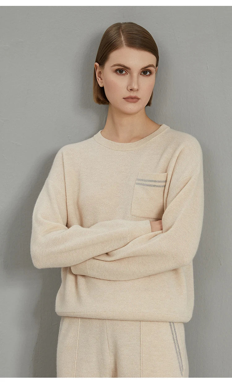 Jersey de cuello redondo para mujer, de punto fino, con bolsillo en el pecho y ribete brillante