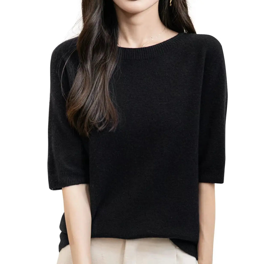 Pull Femme à Manches Courtes Tricot Fin Col Rond Couleur Unie