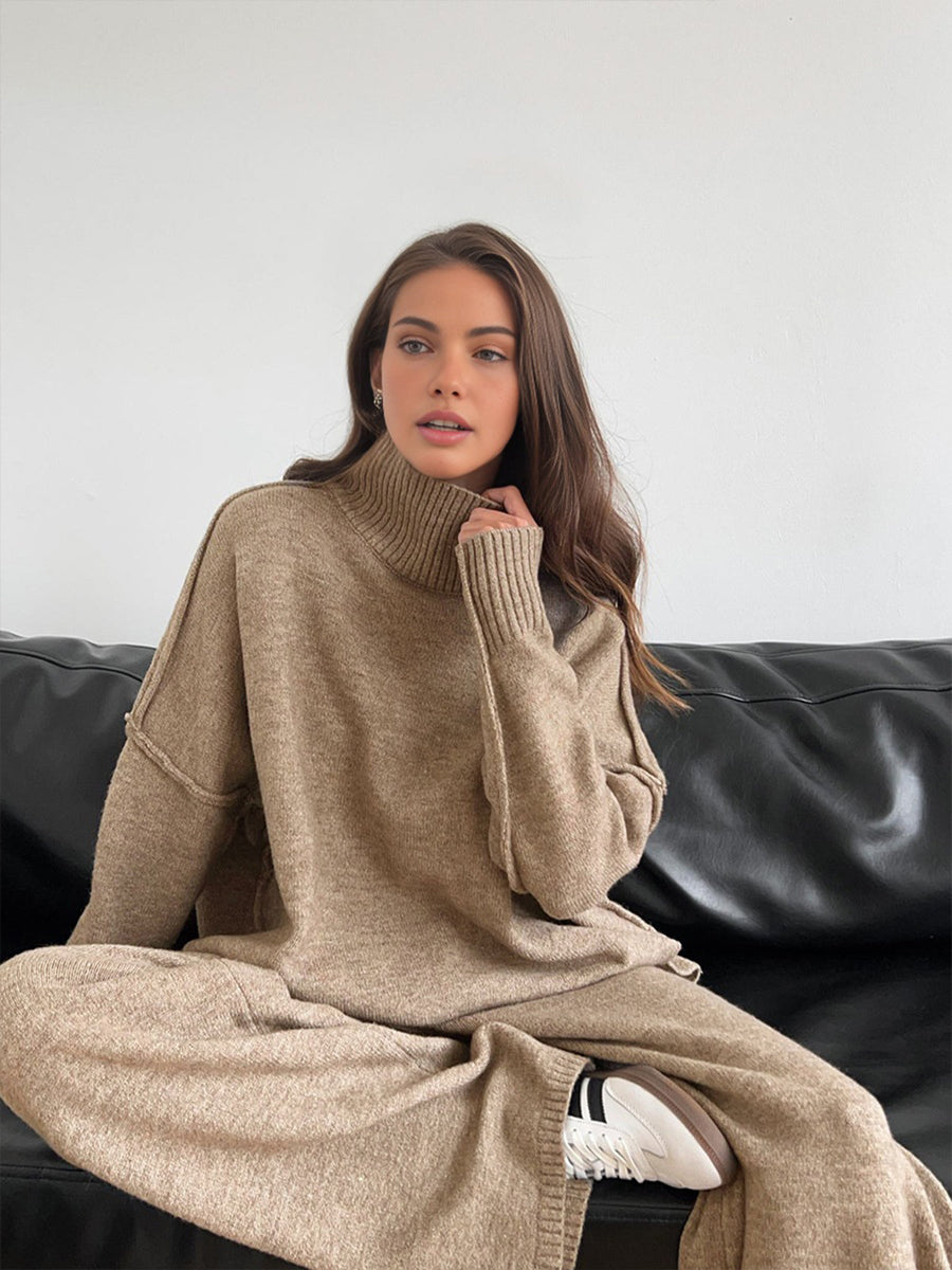 Women's Comfortable Loose Turtleneck Sweater and Wide-Leg Trousers Set