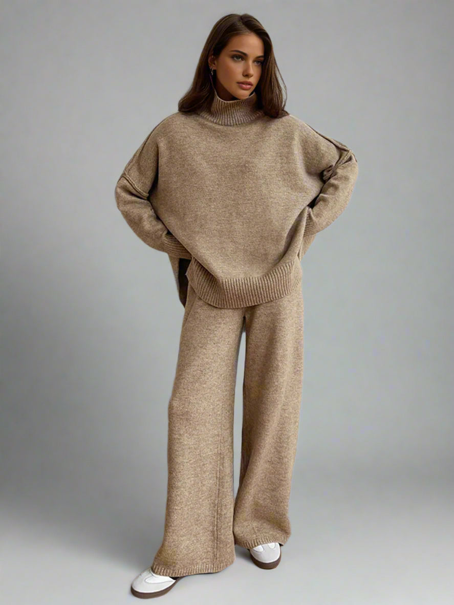 Women's Comfortable Loose Turtleneck Sweater and Wide-Leg Trousers Set