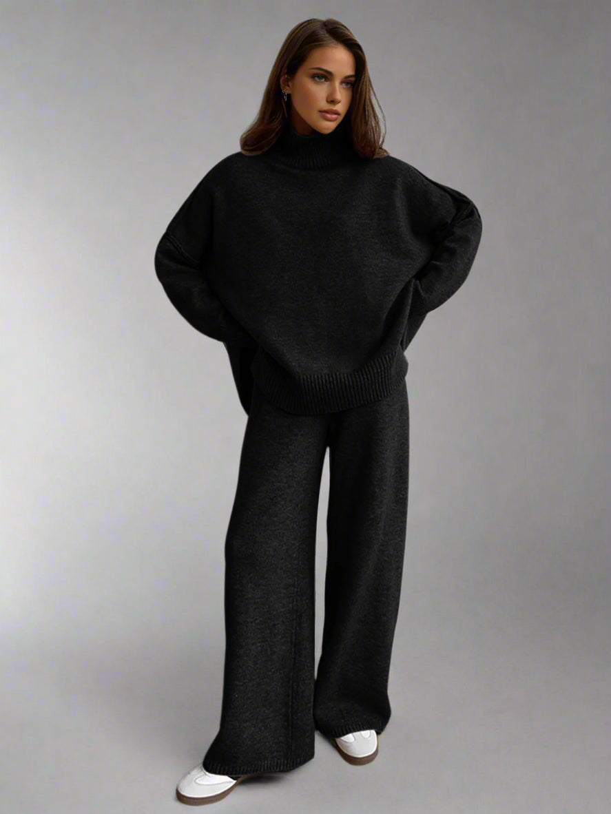 Women's Comfortable Loose Turtleneck Sweater and Wide-Leg Trousers Set
