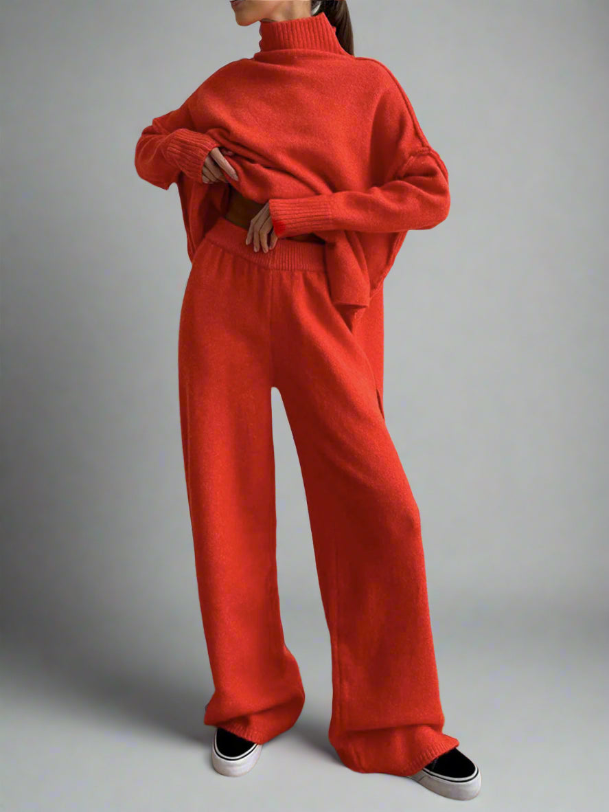 Women's Comfortable Loose Turtleneck Sweater and Wide-Leg Trousers Set