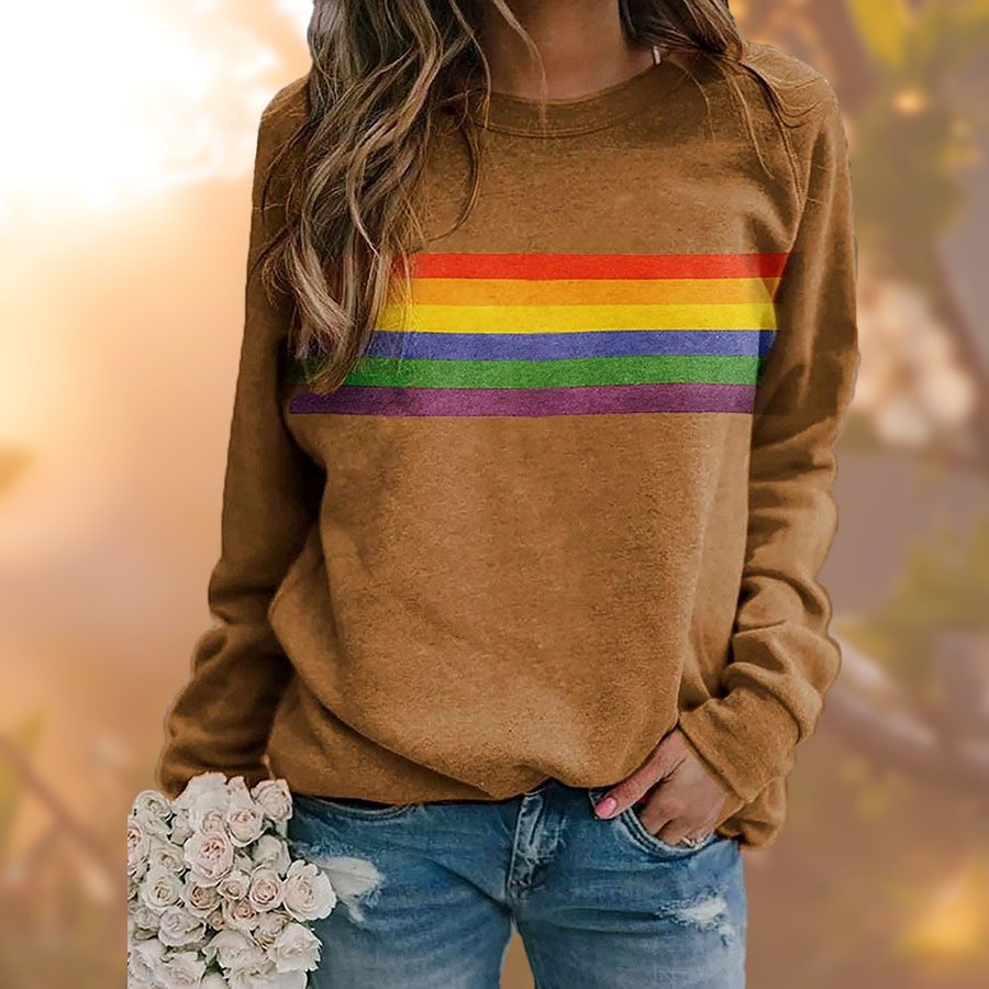 Långärmad sweatshirt för dam med rund halsringning och regnbågsmönster