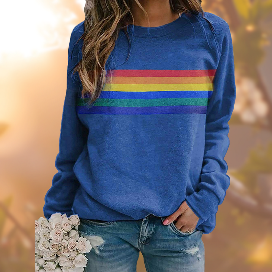Långärmad sweatshirt för dam med rund halsringning och regnbågsmönster
