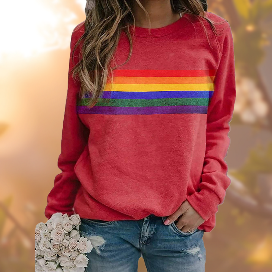 Långärmad sweatshirt för dam med rund halsringning och regnbågsmönster