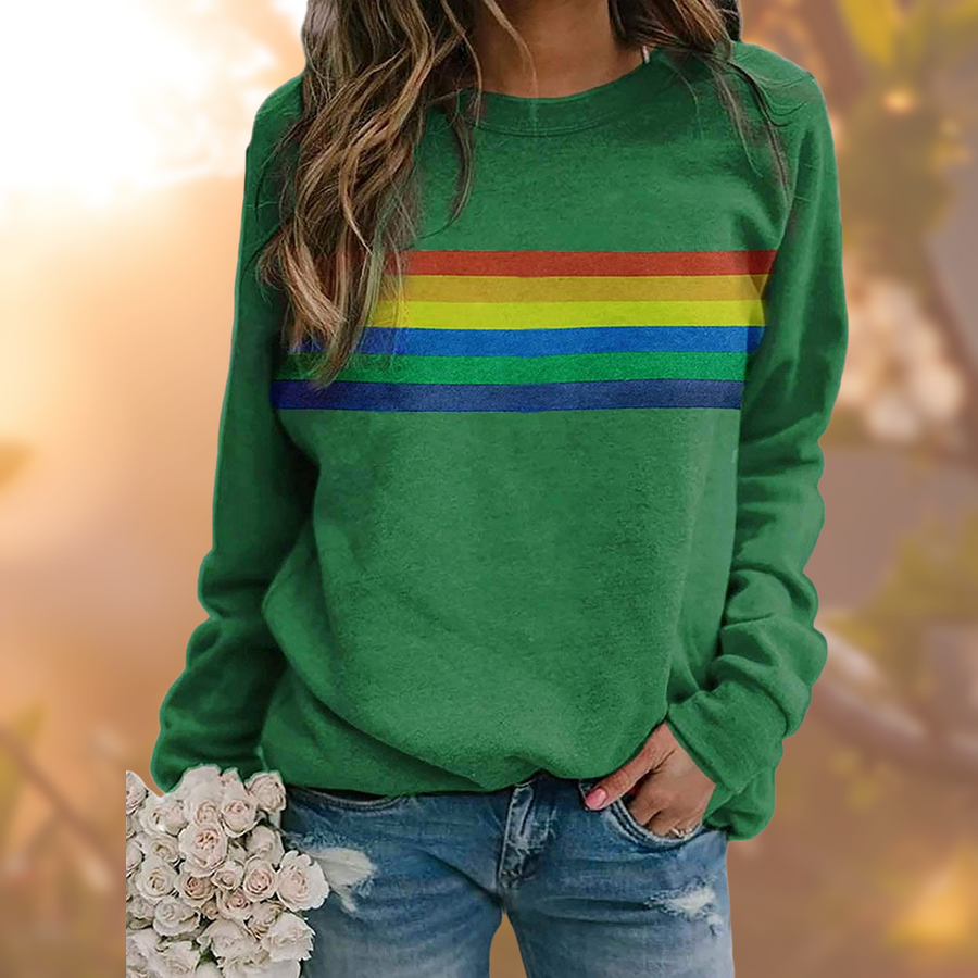 Långärmad sweatshirt för dam med rund halsringning och regnbågsmönster