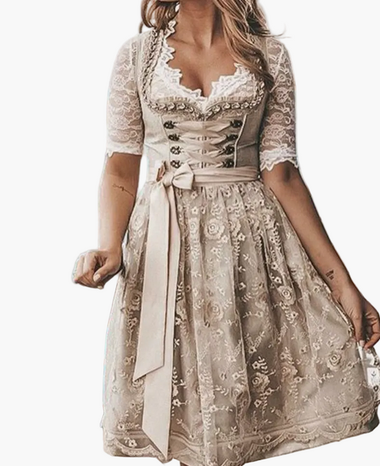 Tradycyjny damski dirndl w stylu Oktoberfest z gorsetem na sznurowadła i koronkową bluzką – elegancka sukienka ludowa na festiwale i tematyczne imprezy
