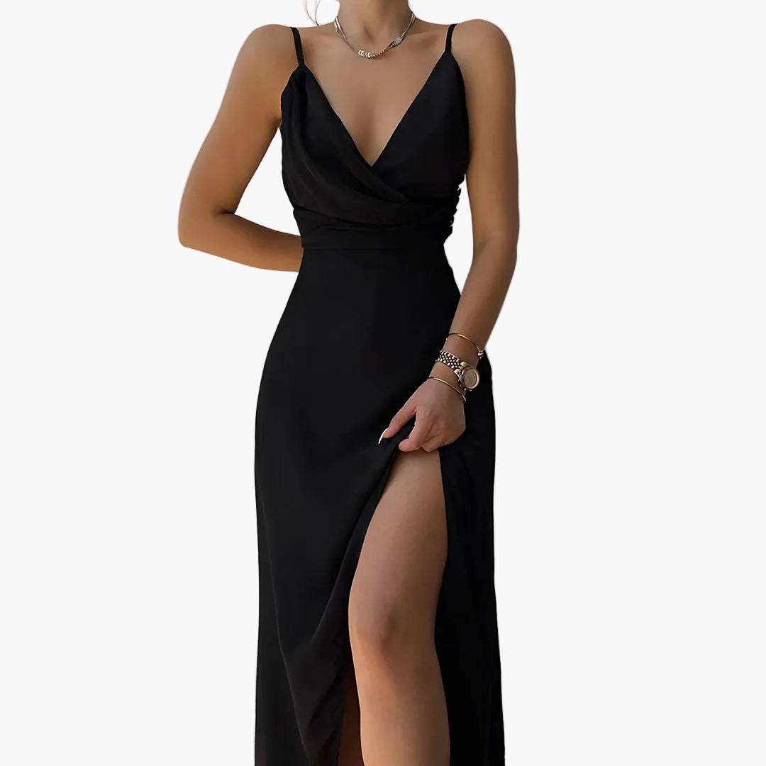 Abito da sera lungo da donna con spacco, scollo incrociato, eleganza raffinata per occasioni formali