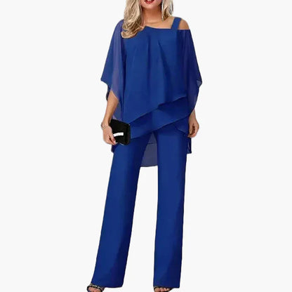 Ensemble Femme Élégant Décontracté Chic – Tenue Deux Pièces Haut Asymétrique et Pantalon Large pour Bureau et Sorties