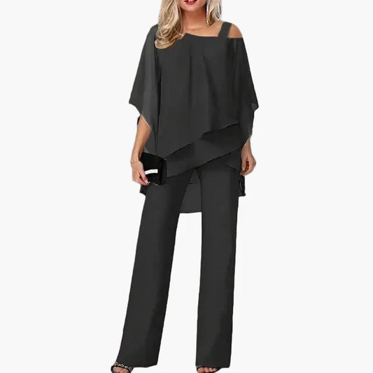 Ensemble Femme Élégant Décontracté Chic – Tenue Deux Pièces Haut Asymétrique et Pantalon Large pour Bureau et Sorties