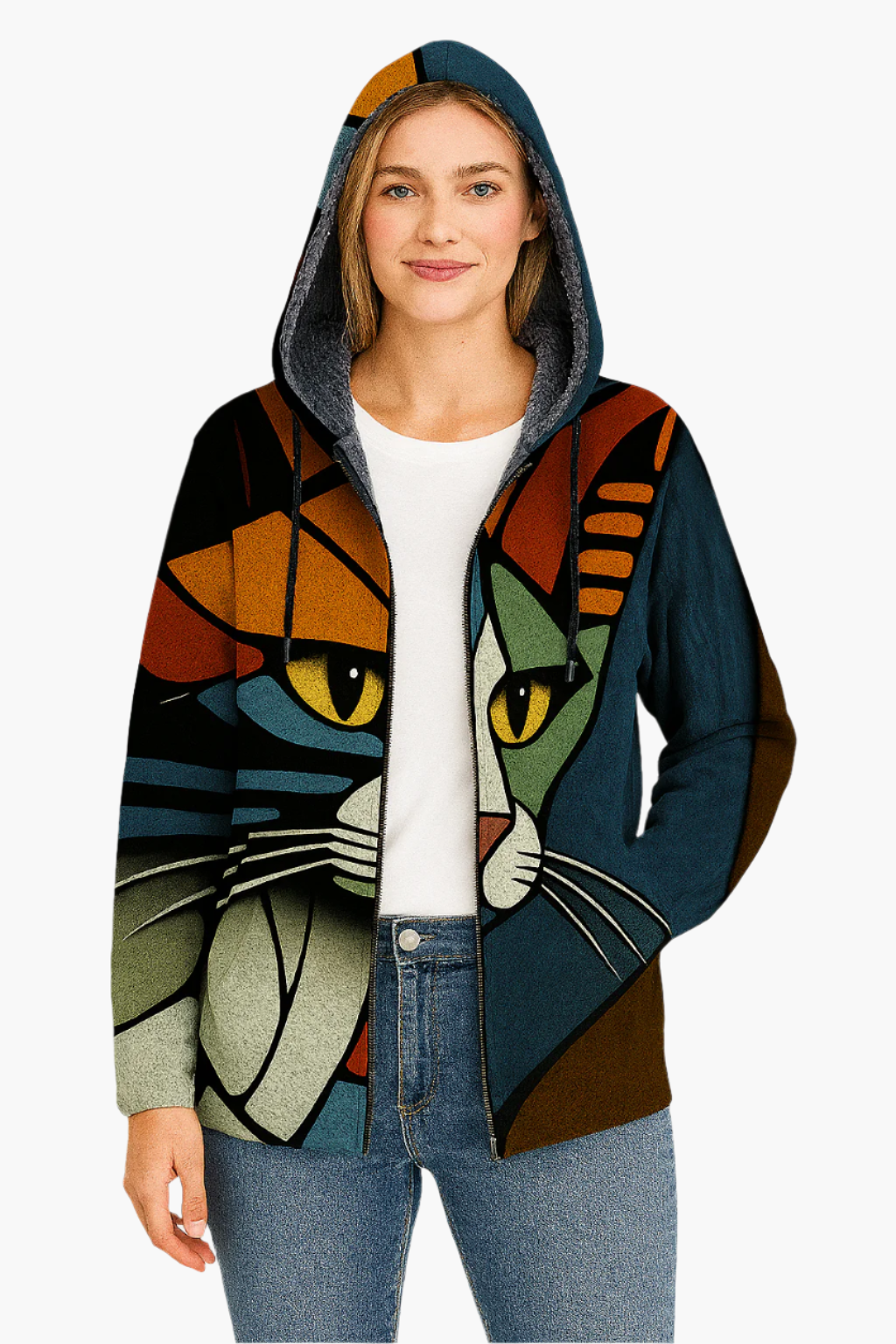 Chaqueta con Capucha para Mujer Estilo Artístico con Motivo de Gato Gráfico – Moda Casual y Original