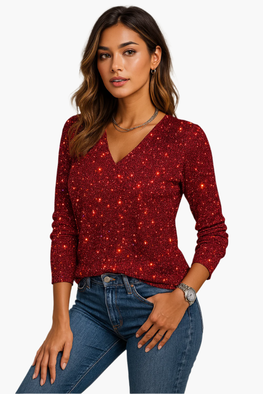 Elegante damestrui met pailletten, V-hals, chique stijl voor avondje uit of speciale gelegenheid