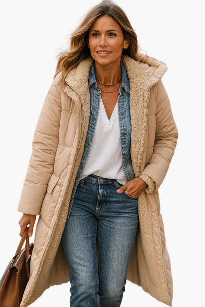 Cappotto lungo invernale da donna stile piumino reversibile con cappuccio e fodera in pelliccia sintetica, chic e caldo, ideale per il freddo