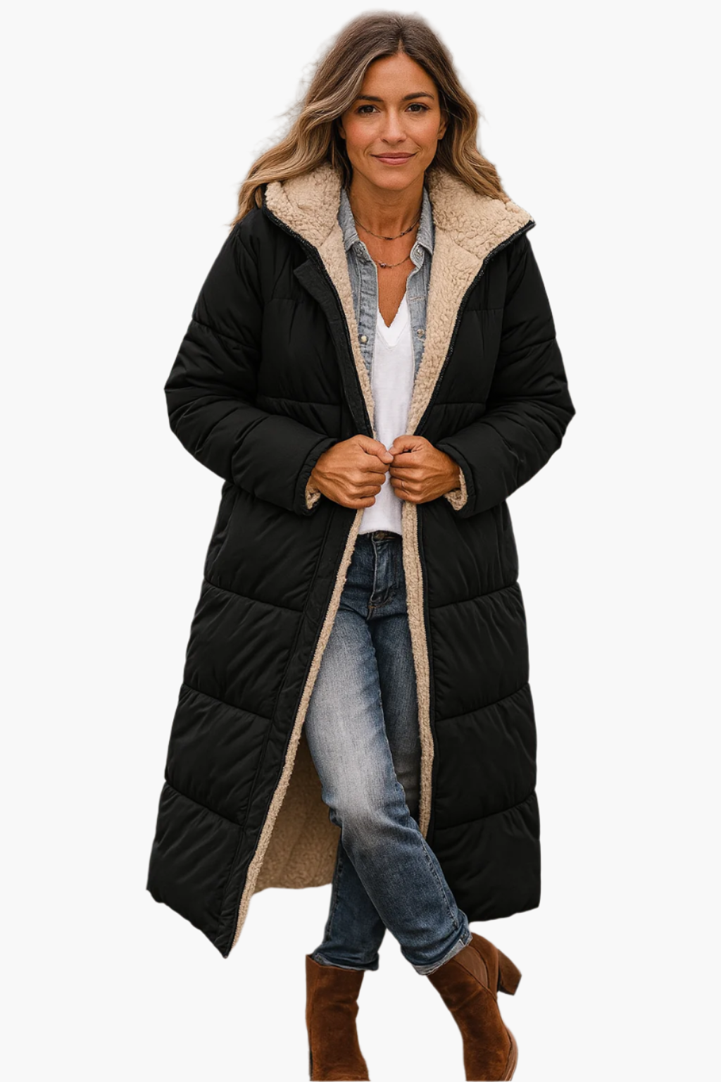 Cappotto lungo invernale da donna stile piumino reversibile con cappuccio e fodera in pelliccia sintetica, chic e caldo, ideale per il freddo