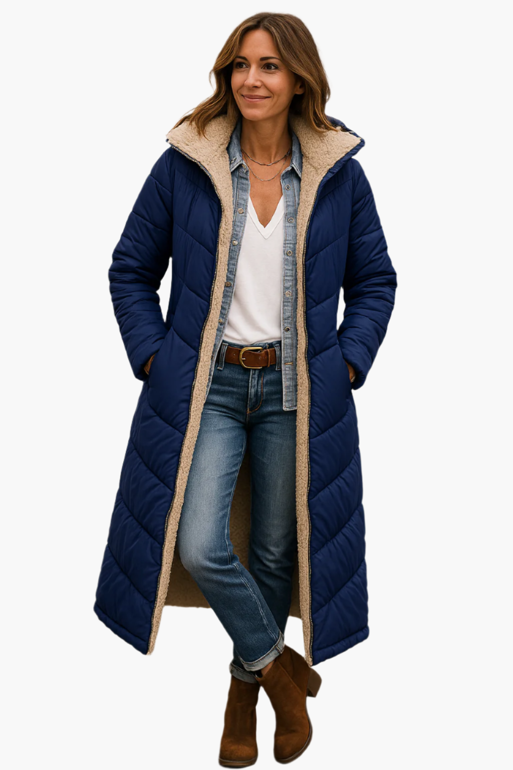 Cappotto lungo invernale da donna stile piumino reversibile con cappuccio e fodera in pelliccia sintetica, chic e caldo, ideale per il freddo