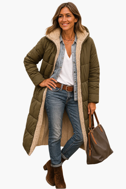 Cappotto lungo invernale da donna stile piumino reversibile con cappuccio e fodera in pelliccia sintetica, chic e caldo, ideale per il freddo