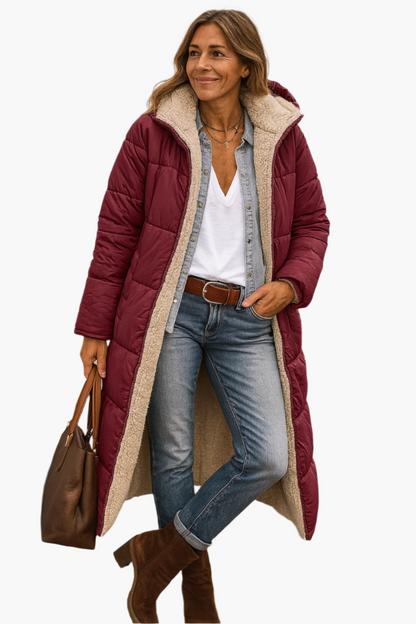 Cappotto lungo invernale da donna stile piumino reversibile con cappuccio e fodera in pelliccia sintetica, chic e caldo, ideale per il freddo