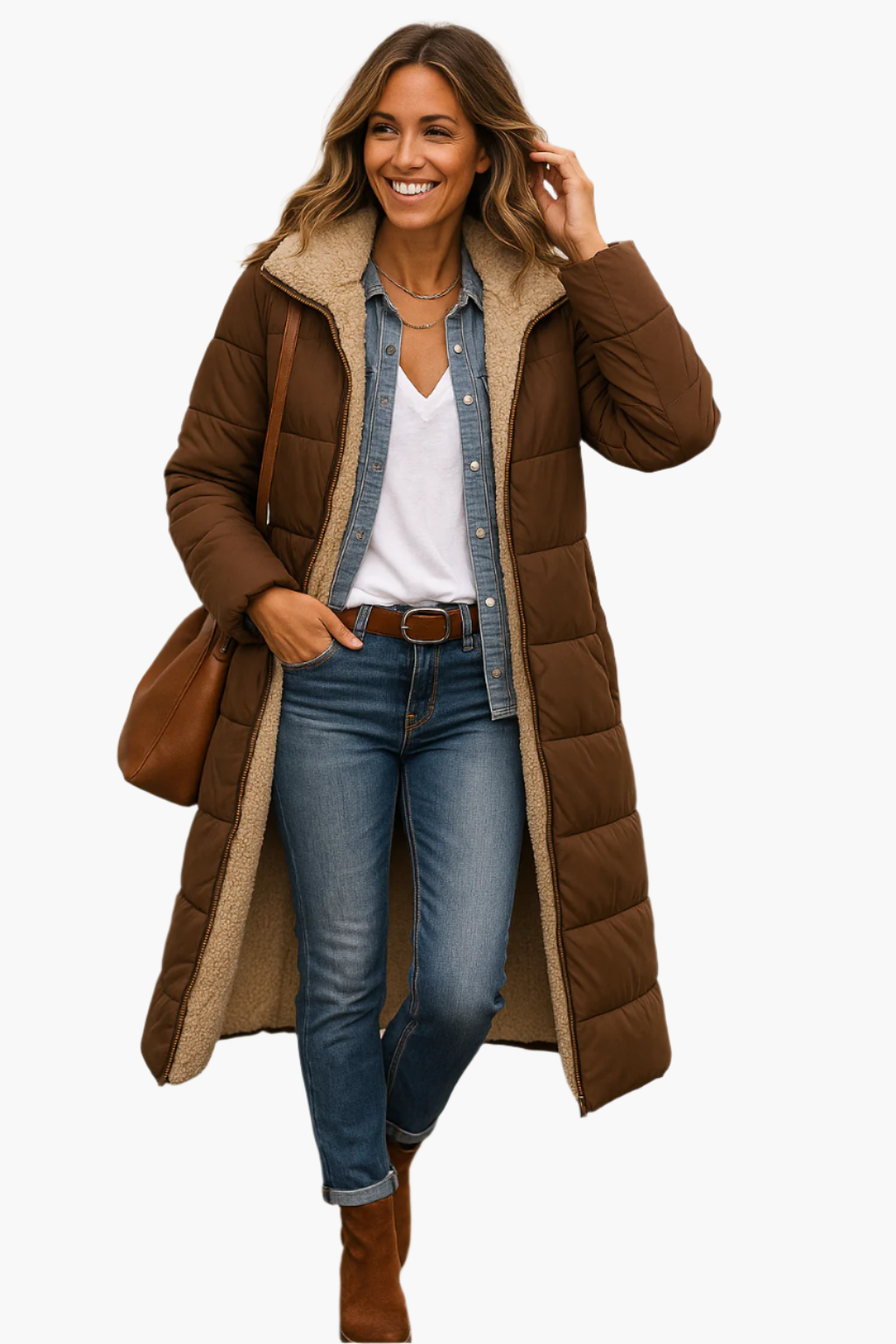 Cappotto lungo invernale da donna stile piumino reversibile con cappuccio e fodera in pelliccia sintetica, chic e caldo, ideale per il freddo