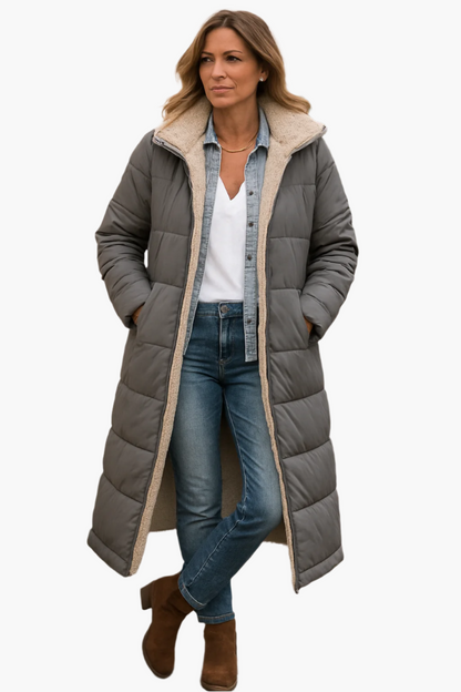 Cappotto lungo invernale da donna stile piumino reversibile con cappuccio e fodera in pelliccia sintetica, chic e caldo, ideale per il freddo