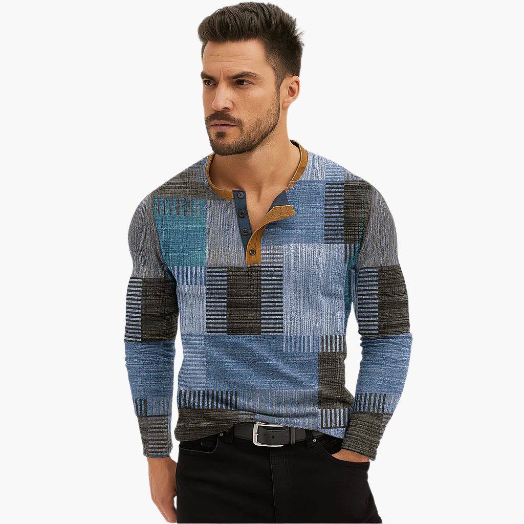 Maglione Henley Uomo Stile Patchwork Moderno per Autunno e Inverno