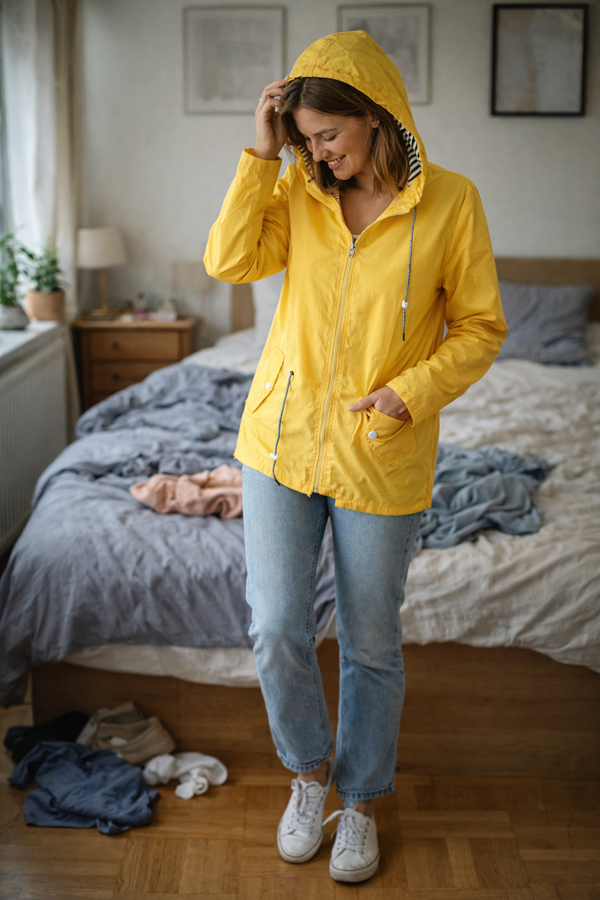 Impermeabile da donna con cappuccio giallo, chiusura con cerniera, coulisse e tasche