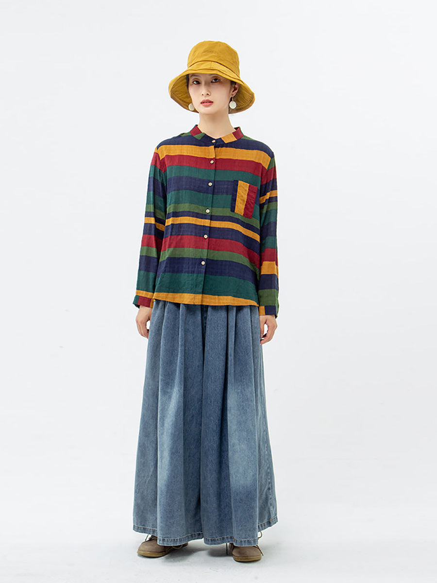 Camicia informale da donna a righe stile ampio con collo alla coreana per la primavera