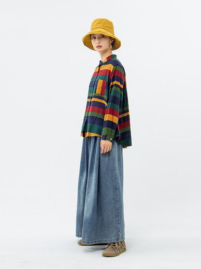 Camicia informale da donna a righe stile ampio con collo alla coreana per la primavera