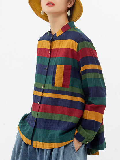 Camicia informale da donna a righe stile ampio con collo alla coreana per la primavera