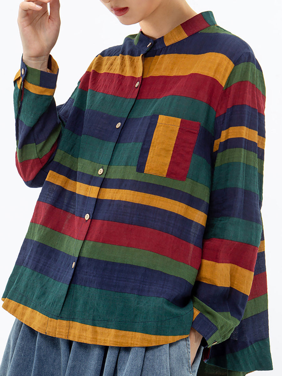 Camicia informale da donna a righe stile ampio con collo alla coreana per la primavera