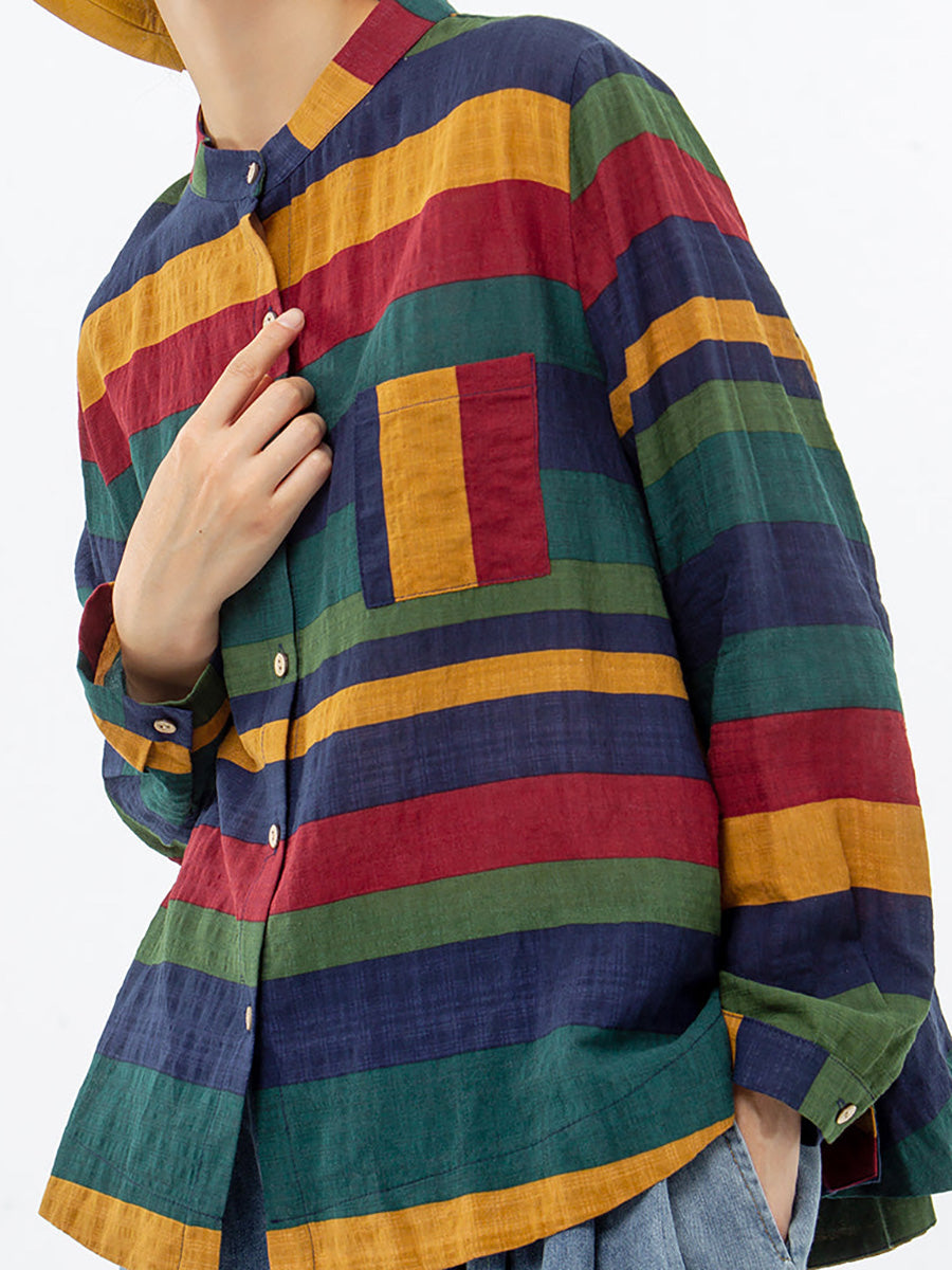 Camicia informale da donna a righe stile ampio con collo alla coreana per la primavera