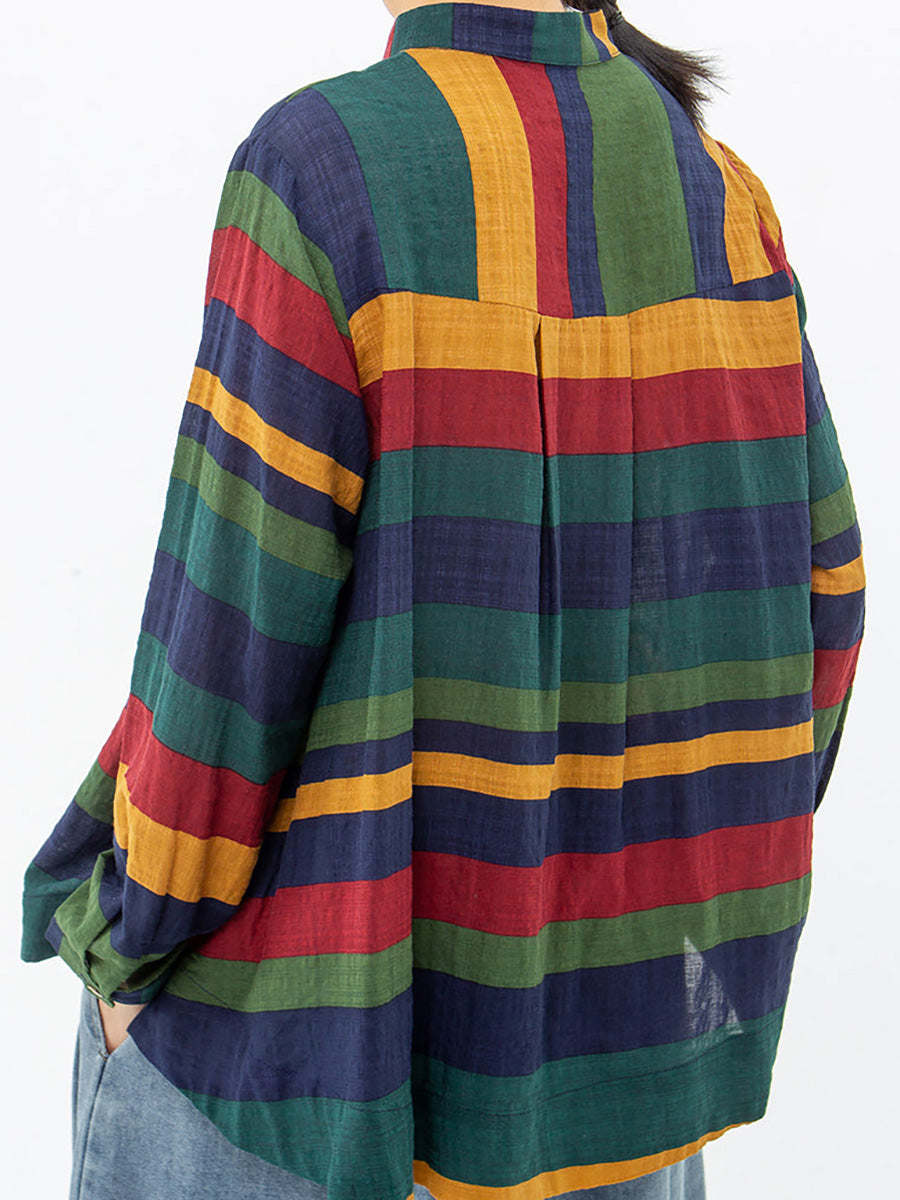Camicia informale da donna a righe stile ampio con collo alla coreana per la primavera