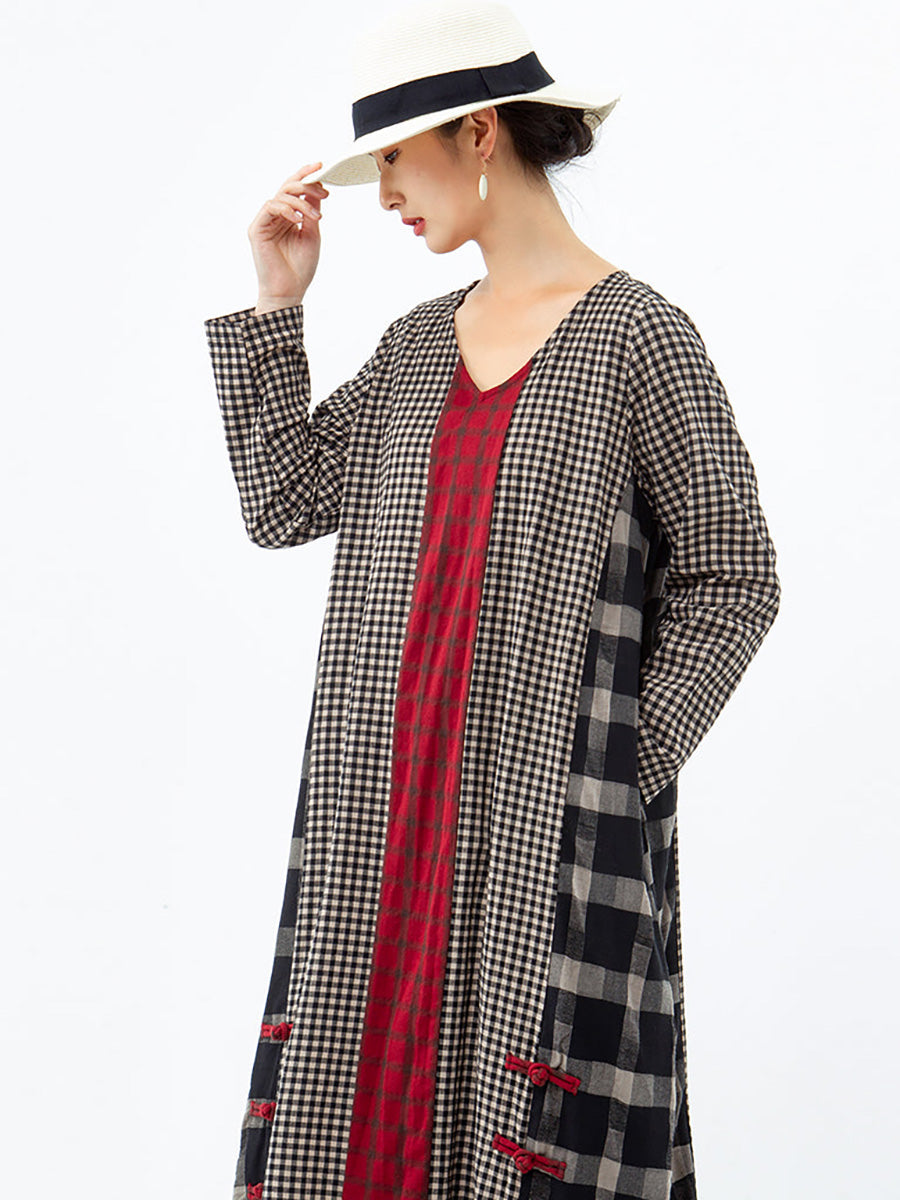 Abito lungo vintage a quadri per donna, stile ampio e informale, scollo a V, maniche lunghe, ideale per un aspetto bohémien elegante