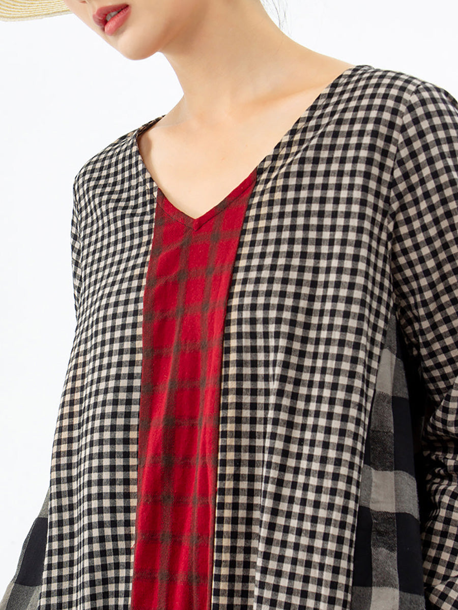 Abito lungo vintage a quadri per donna, stile ampio e informale, scollo a V, maniche lunghe, ideale per un aspetto bohémien elegante