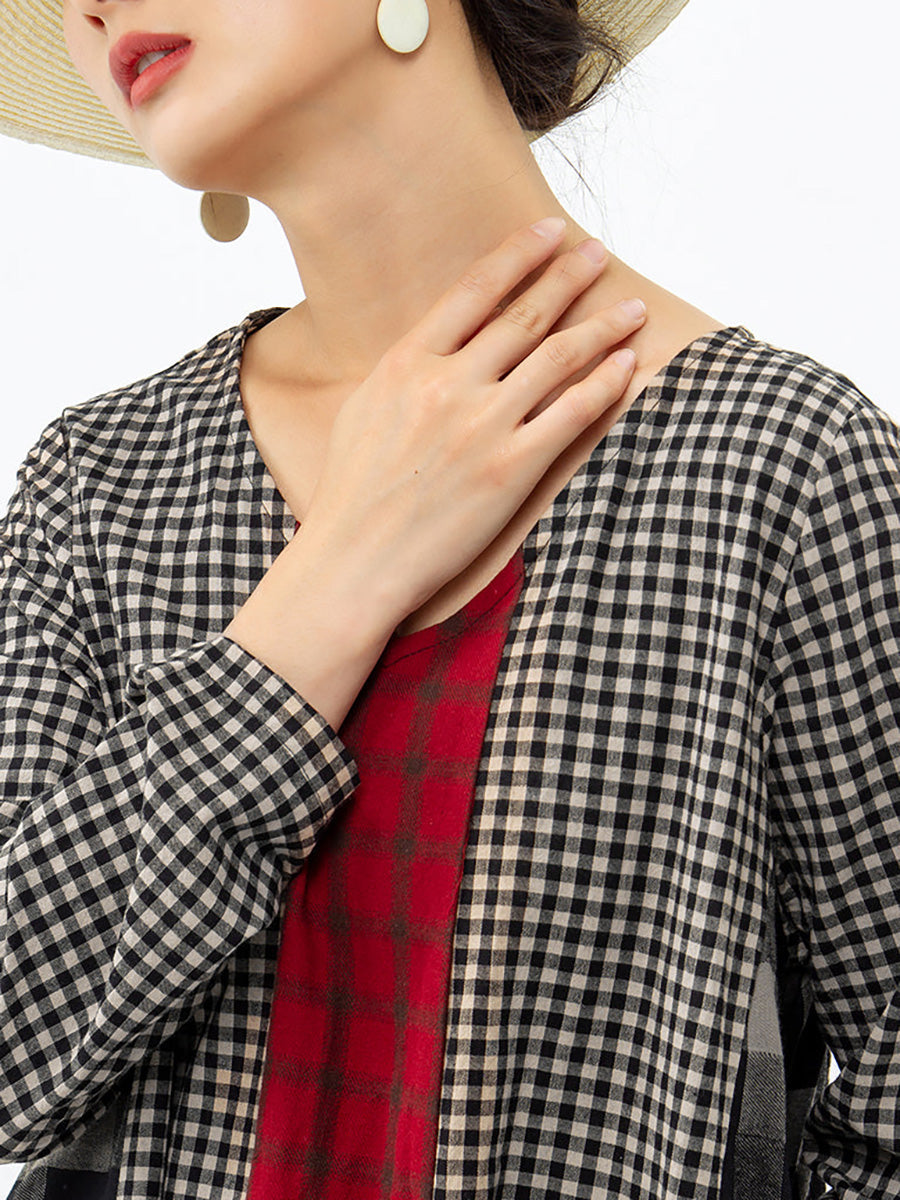 Abito lungo vintage a quadri per donna, stile ampio e informale, scollo a V, maniche lunghe, ideale per un aspetto bohémien elegante