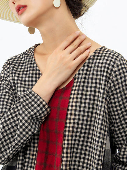 Abito lungo vintage a quadri per donna, stile ampio e informale, scollo a V, maniche lunghe, ideale per un aspetto bohémien elegante