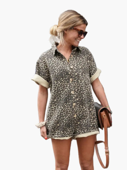 Combishort Femme Léopard Style Décontracté Été Urbain et Vacances