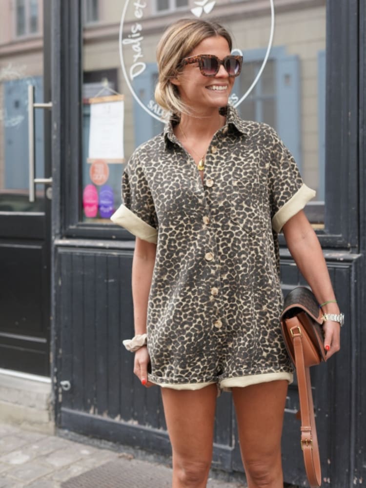 Combishort Femme Léopard Style Décontracté Été Urbain et Vacances
