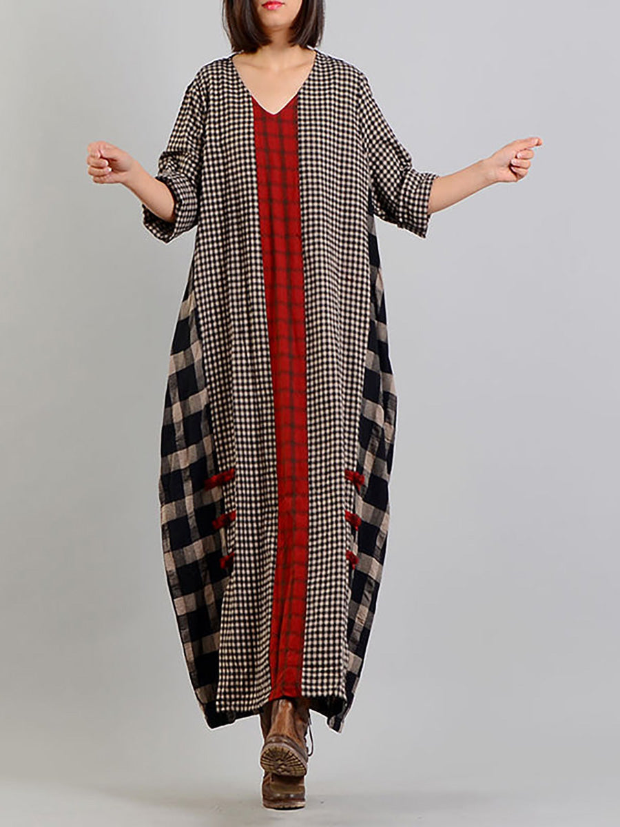 Abito lungo vintage a quadri per donna, stile ampio e informale, scollo a V, maniche lunghe, ideale per un aspetto bohémien elegante