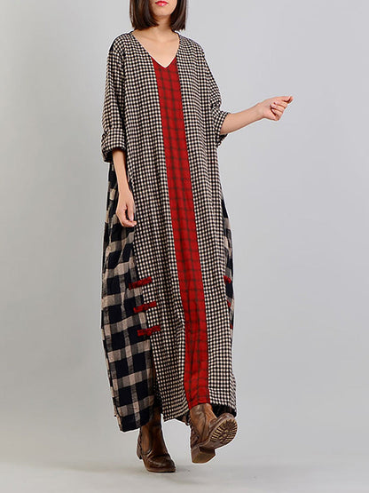 Abito lungo vintage a quadri per donna, stile ampio e informale, scollo a V, maniche lunghe, ideale per un aspetto bohémien elegante