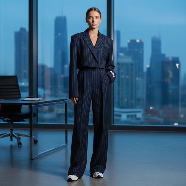 Gestreiftes Damen-Set aus kurzem Blazer und weiter Hose