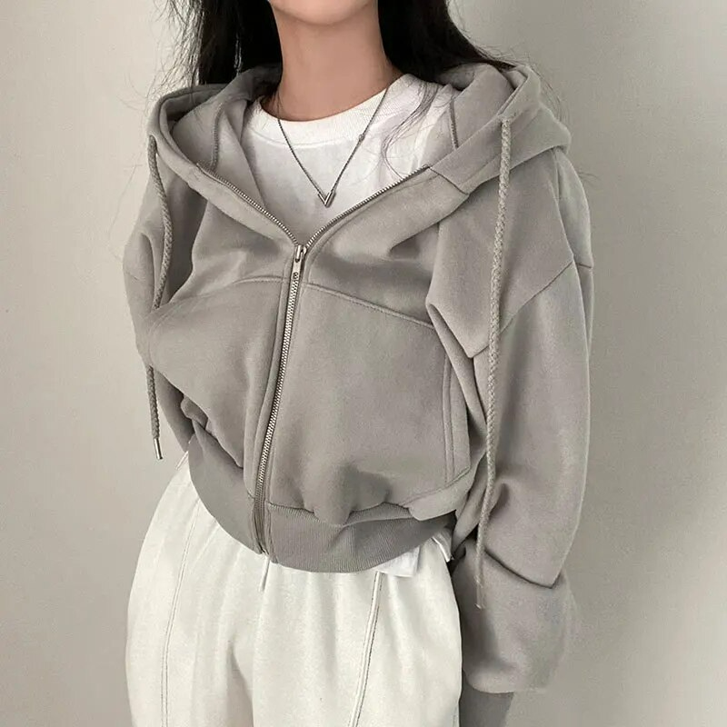 Sweat à Capuche Court Zippé Femme, Manches Larges, Style Décontracté